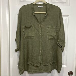 Puro Lino Italy Button Up Linen Shirt Sz Medium Oversized Olive Green High Low